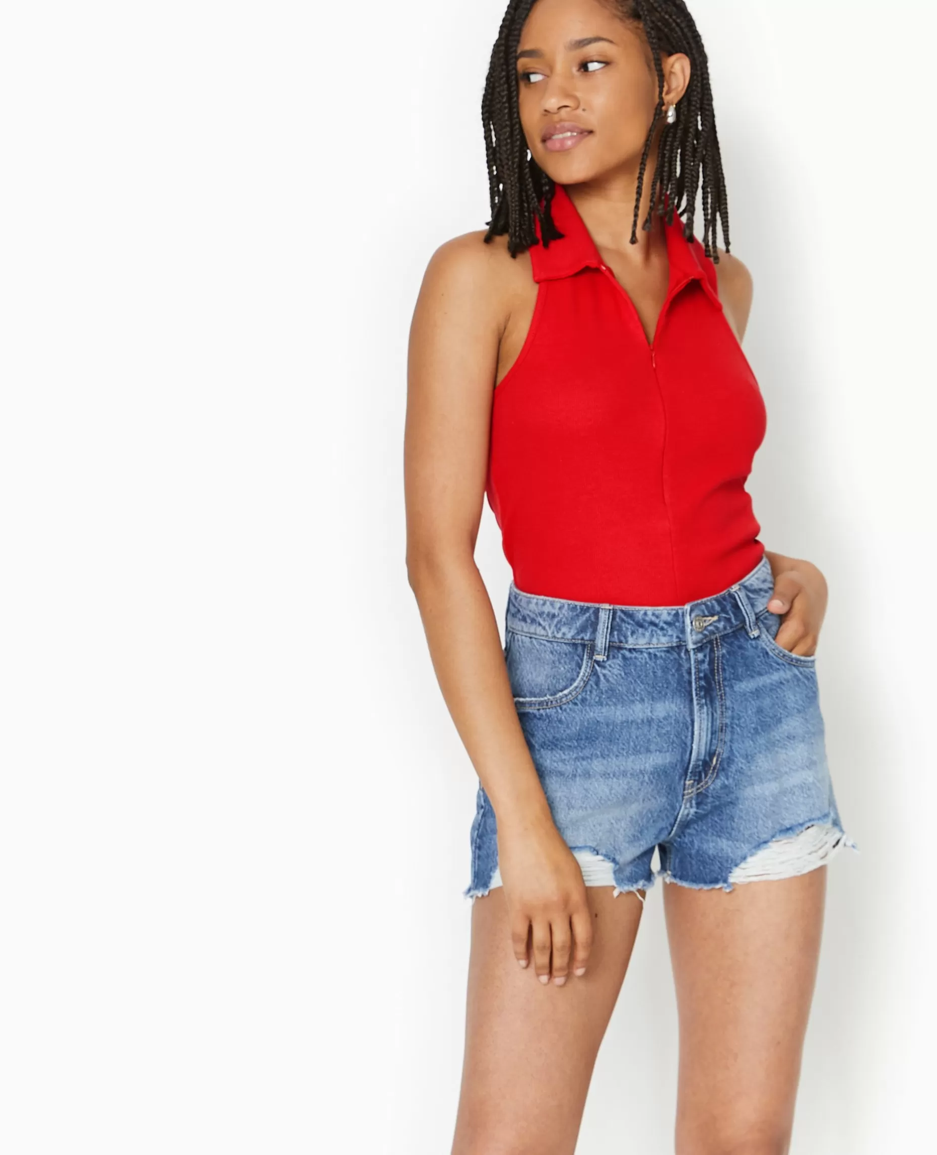 Discount Pimkie Top Dos-nu Col Polo Zippé - rouge