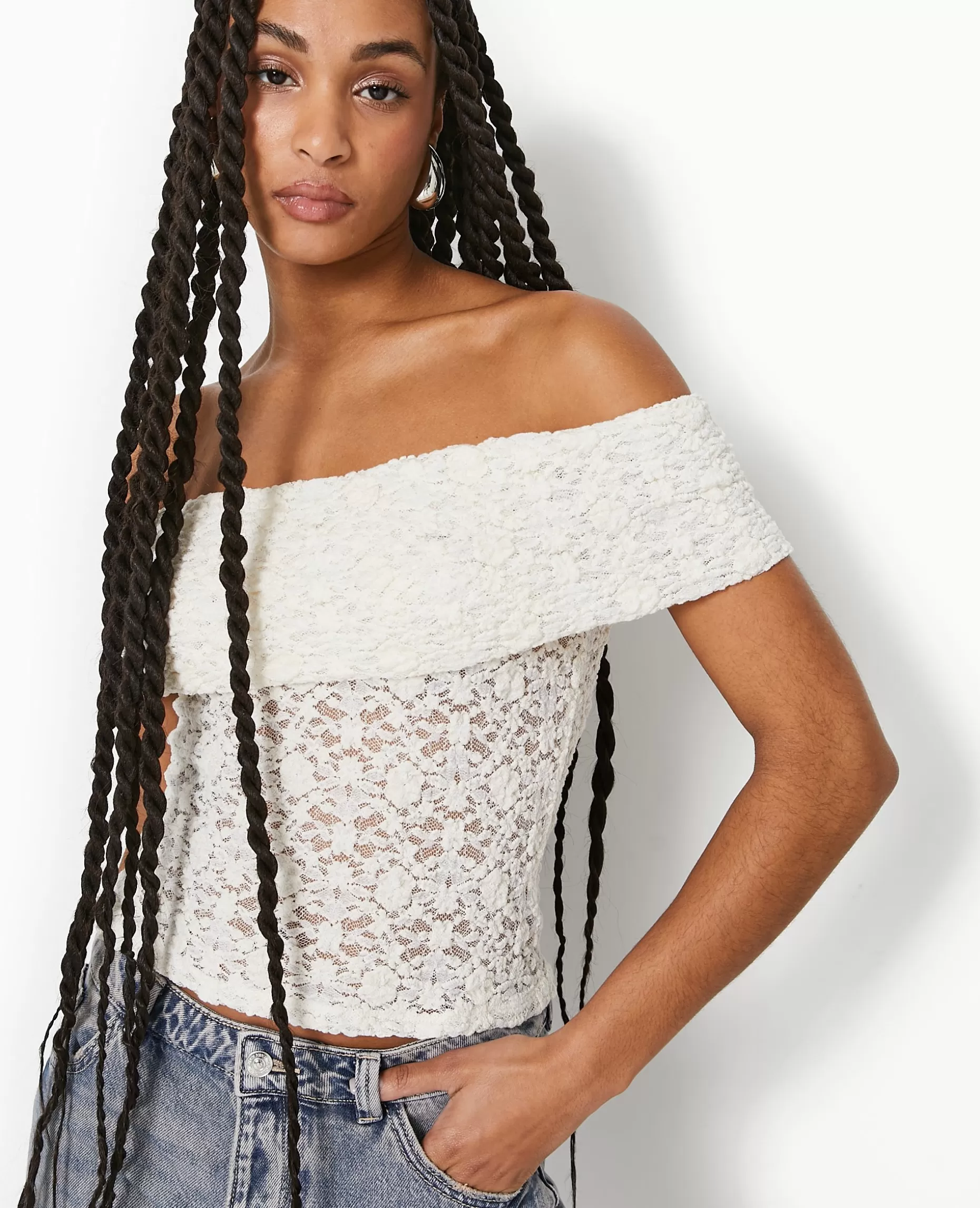 Outlet Pimkie Top En Dentelle Encolure Bardot - blanc