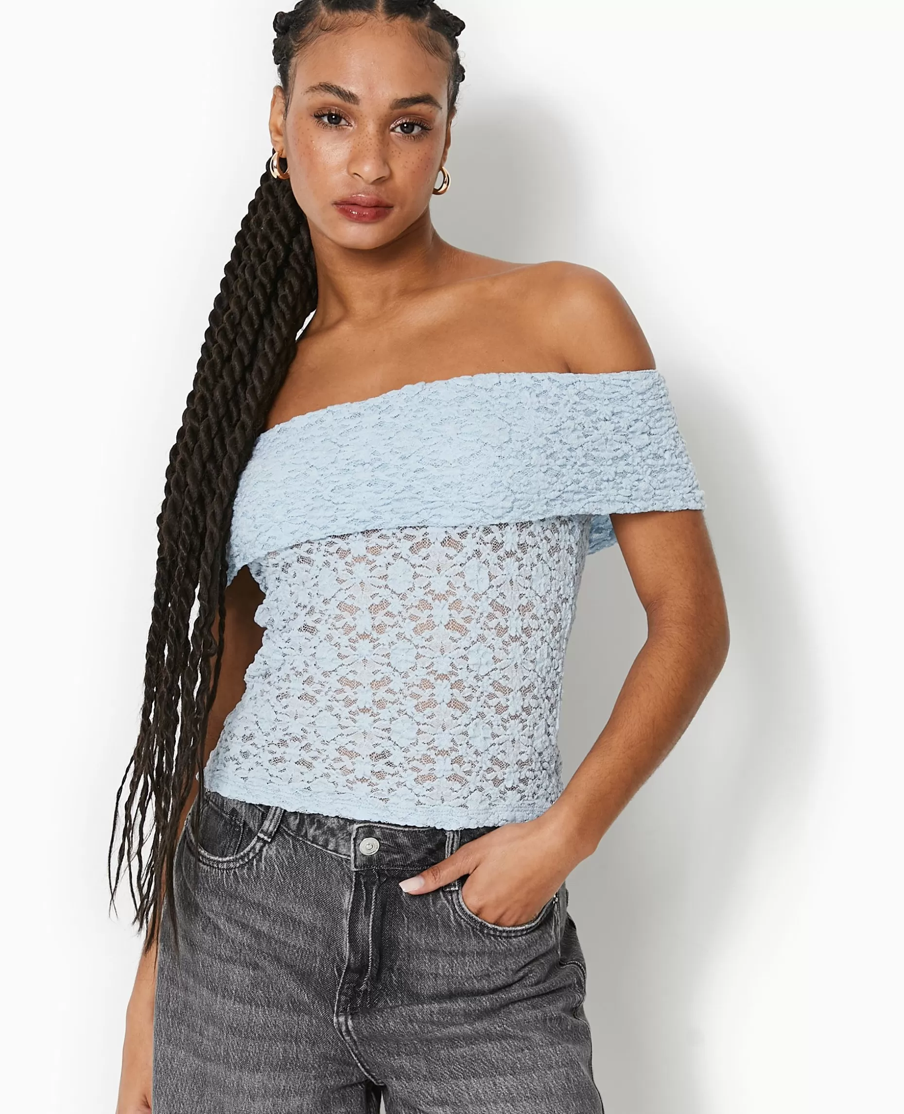 Outlet Pimkie Top En Dentelle Encolure Bardot - bleu clair