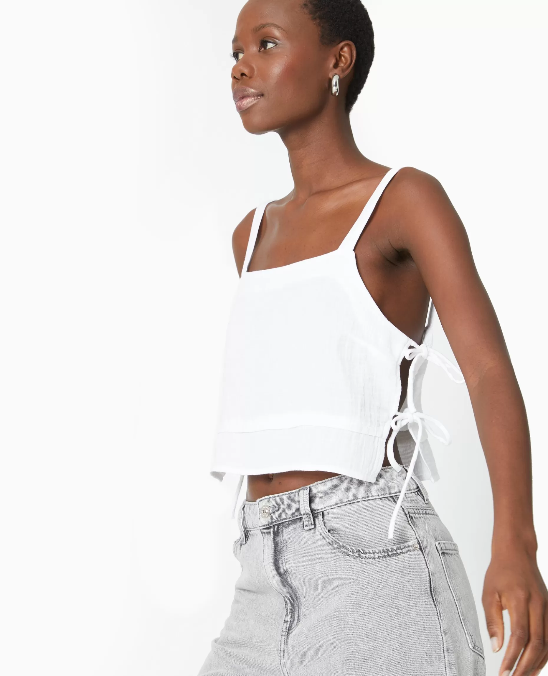 Hot Pimkie Top En Gaze De Coton Avec Nœuds Sur Les Côtés - blanc