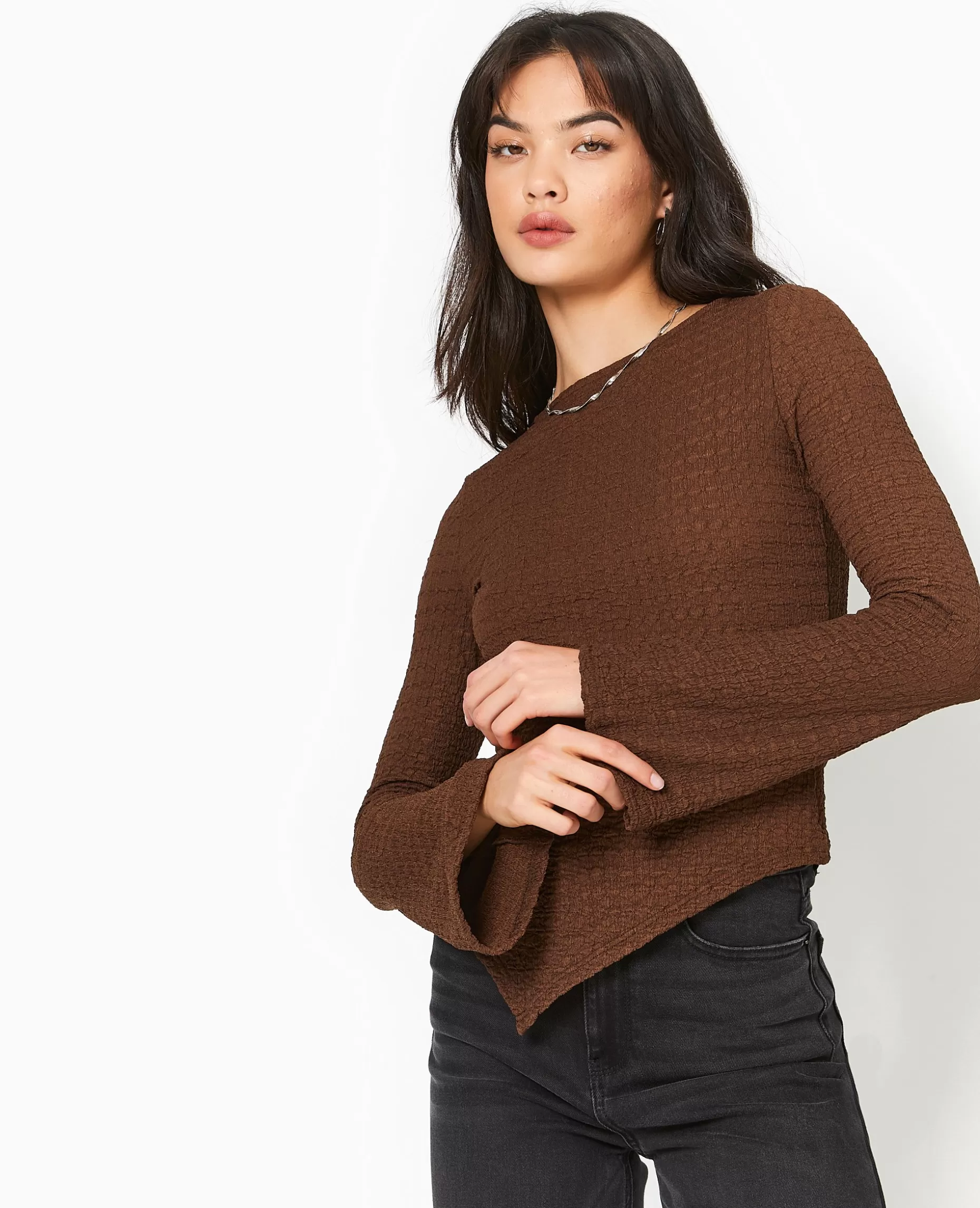 Hot Pimkie Top En Tissu Gaufré Avec Manches Flare - marron