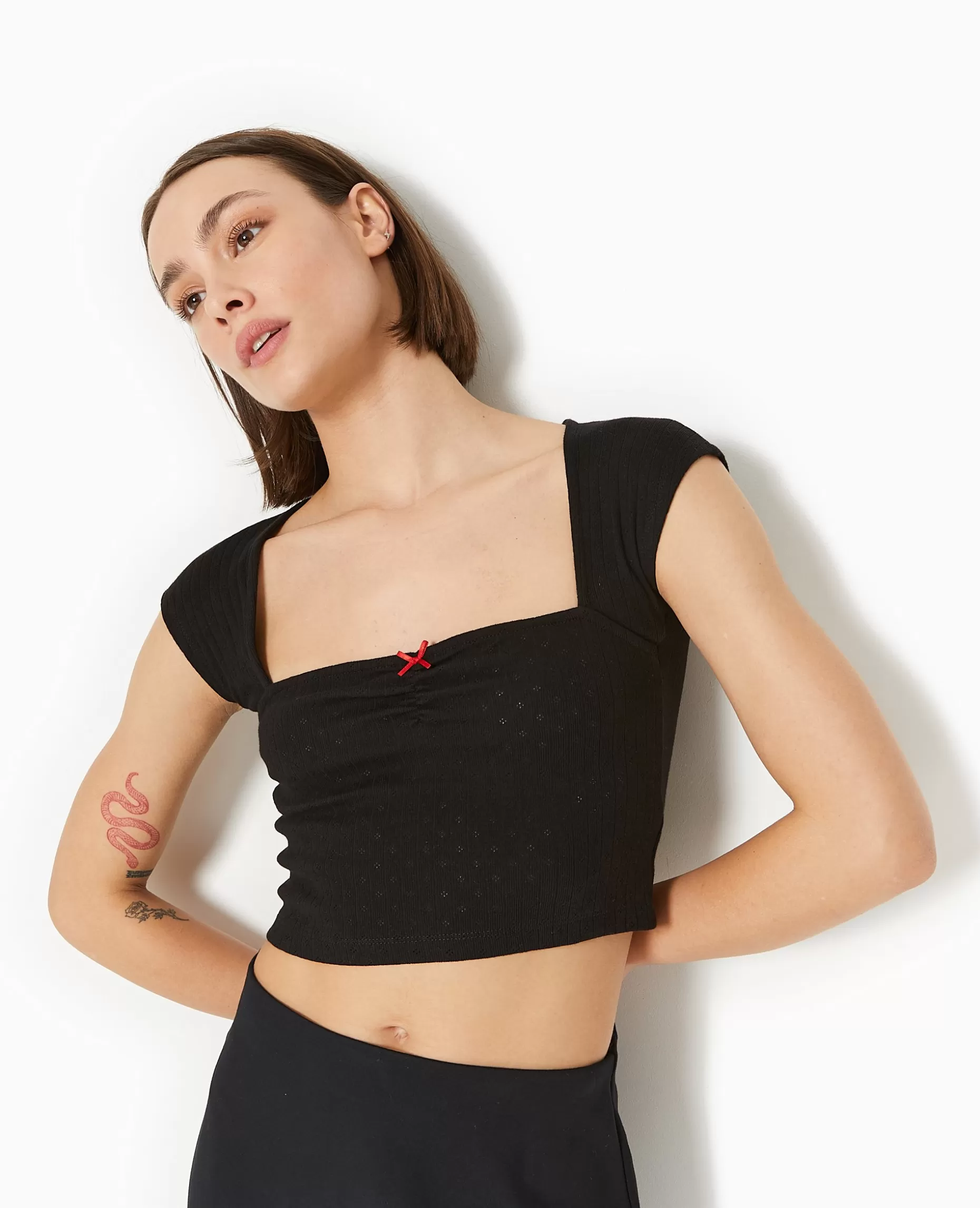 Discount Pimkie Top Maille Fantaisie Avec Nœud Contrasté - noir