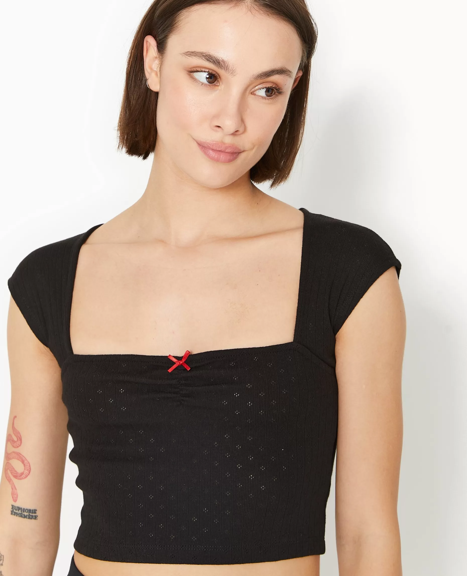 Discount Pimkie Top Maille Fantaisie Avec Nœud Contrasté - noir