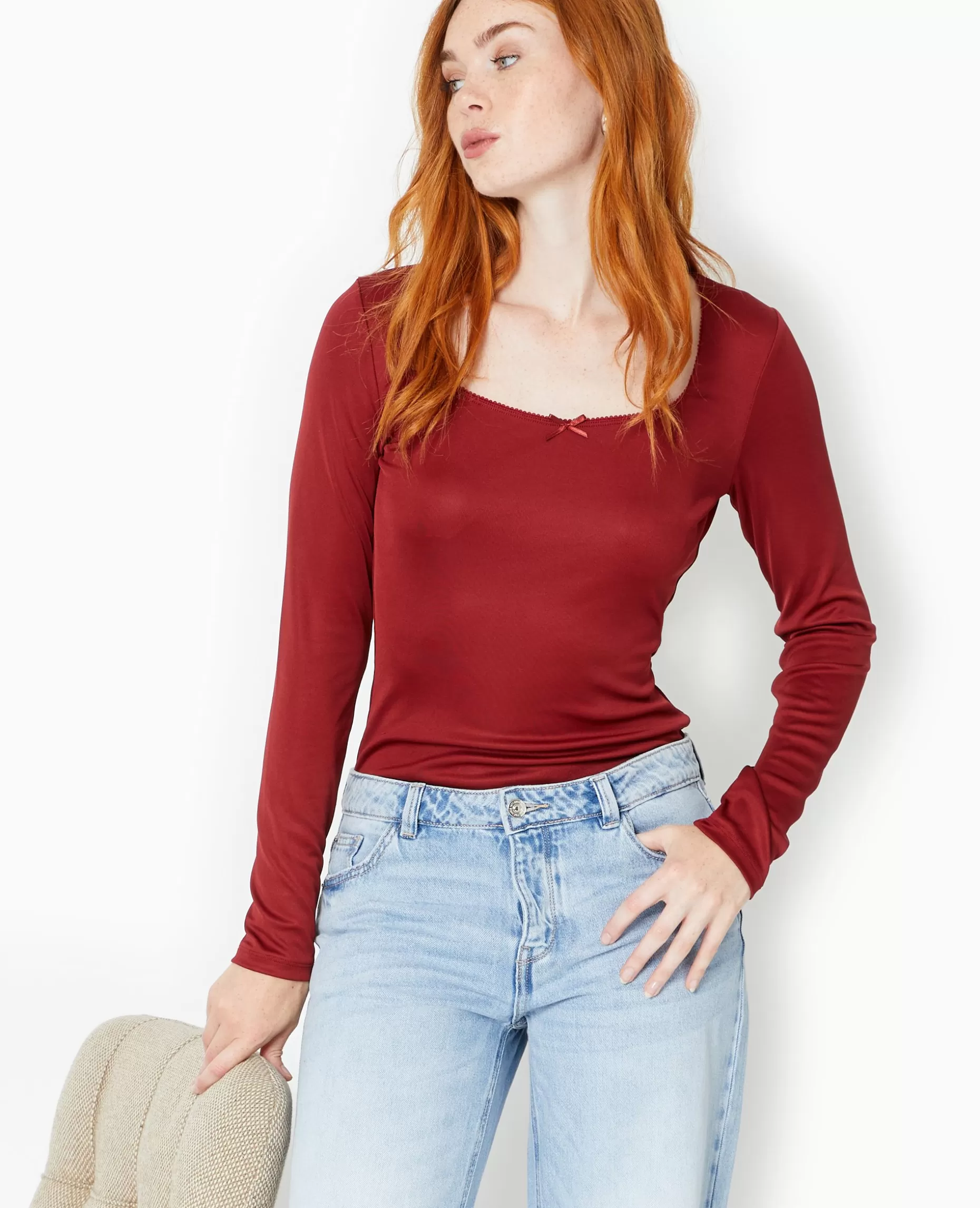 Online Pimkie Top Manches Longues En Maille Extensible - bordeaux