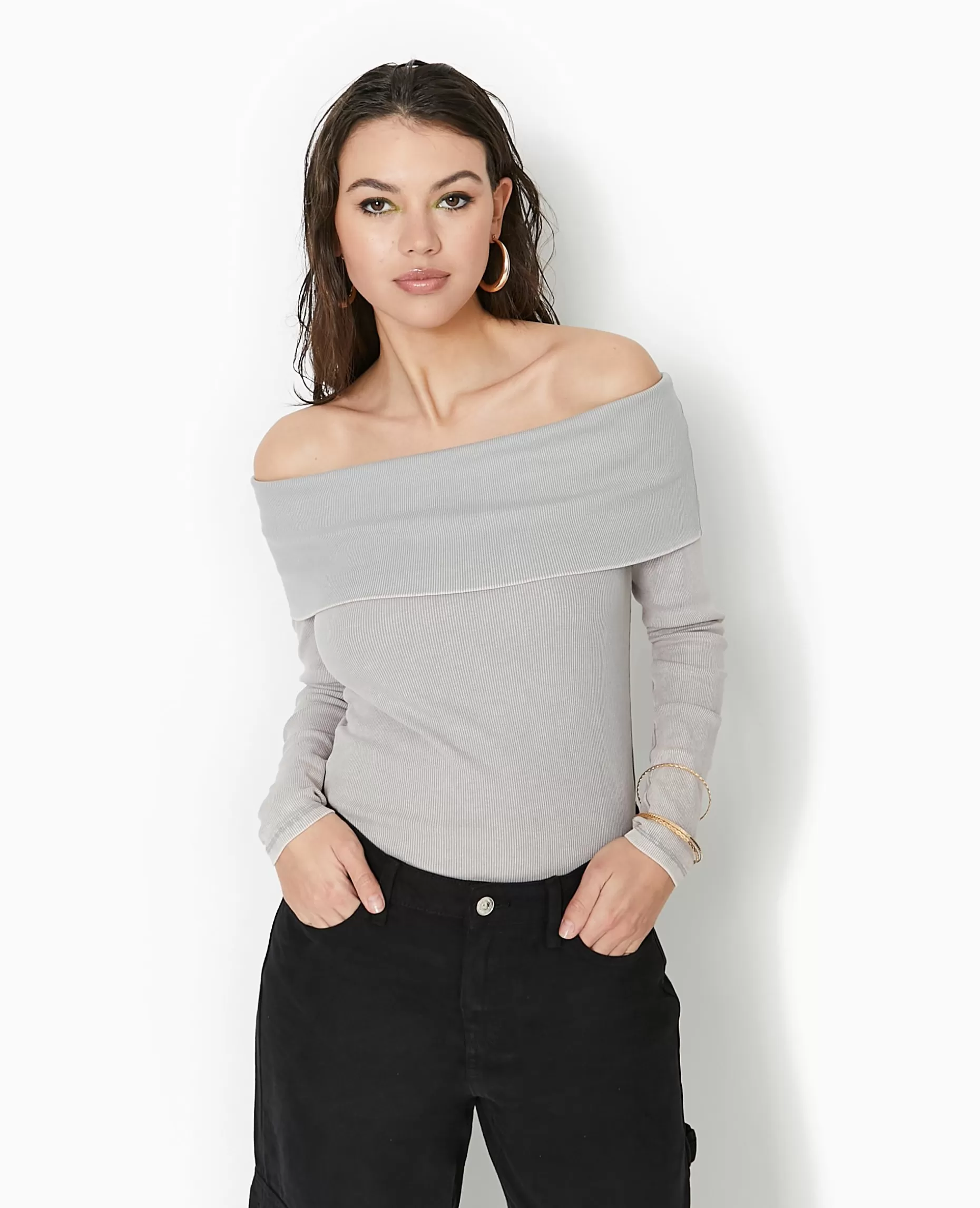 Cheap Pimkie Top Manches Longues Encolure Bardot - gris clair