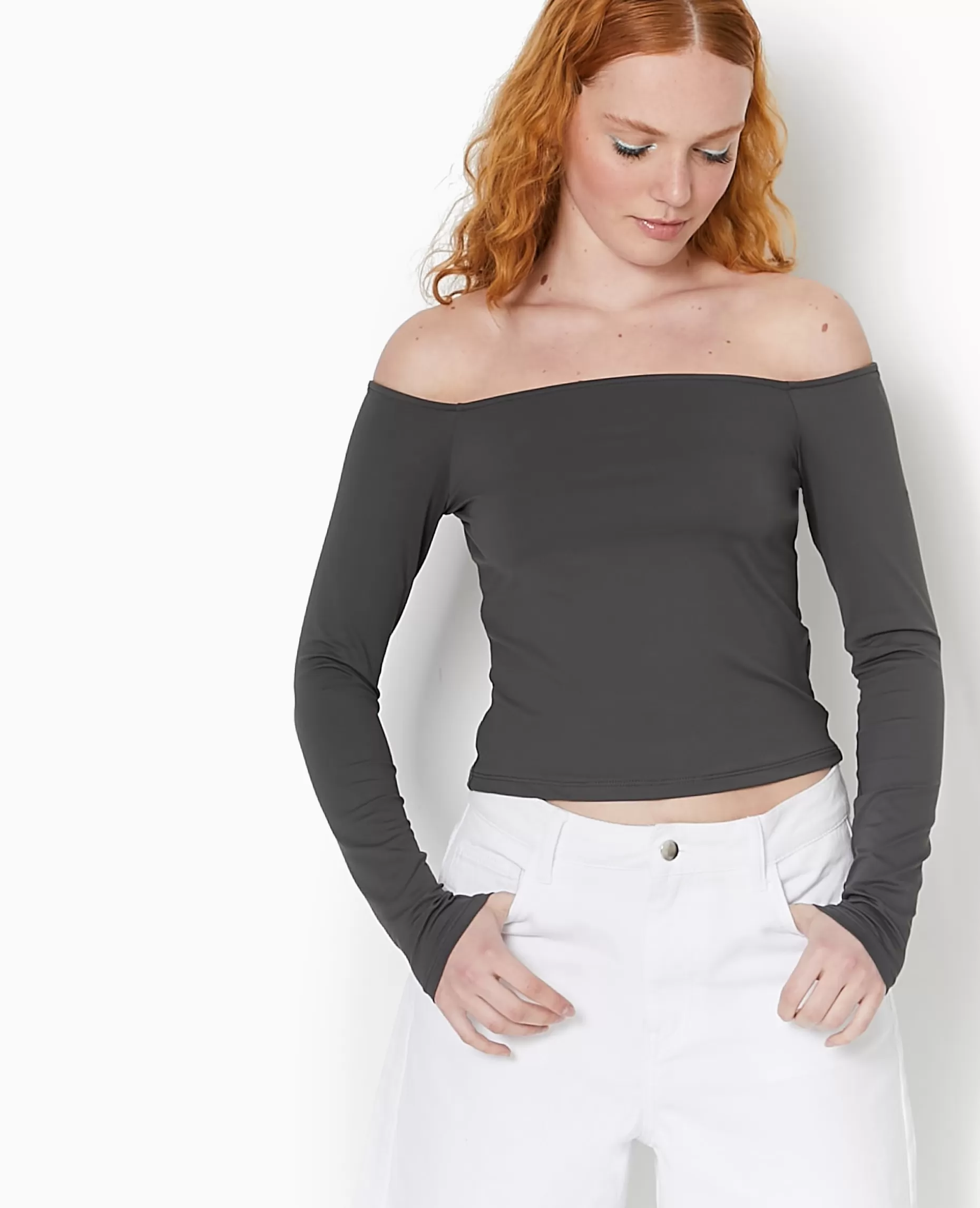 Flash Sale Pimkie Top Manches Longues Encolure Bardot - gris foncé