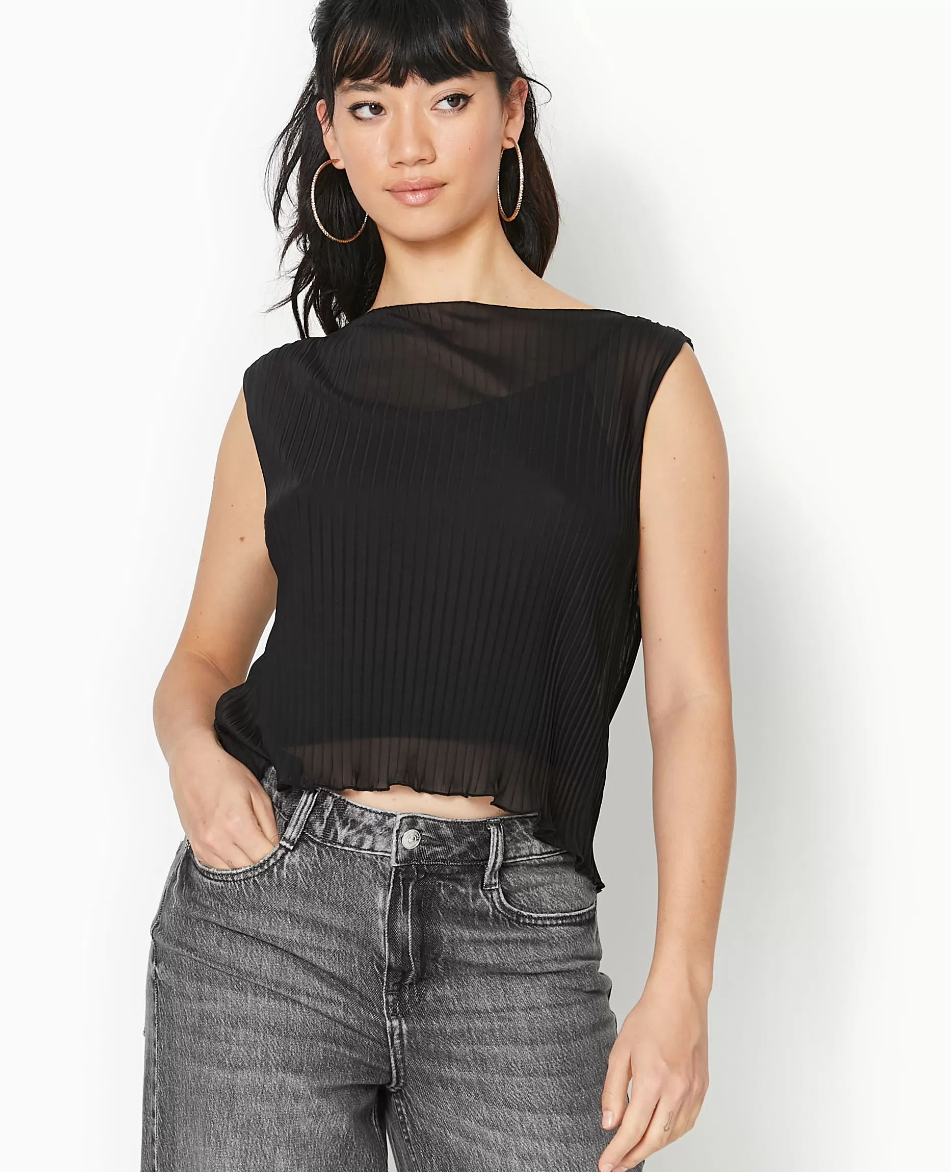 Store Pimkie Top Sans Manche En Tulle Plissé - noir