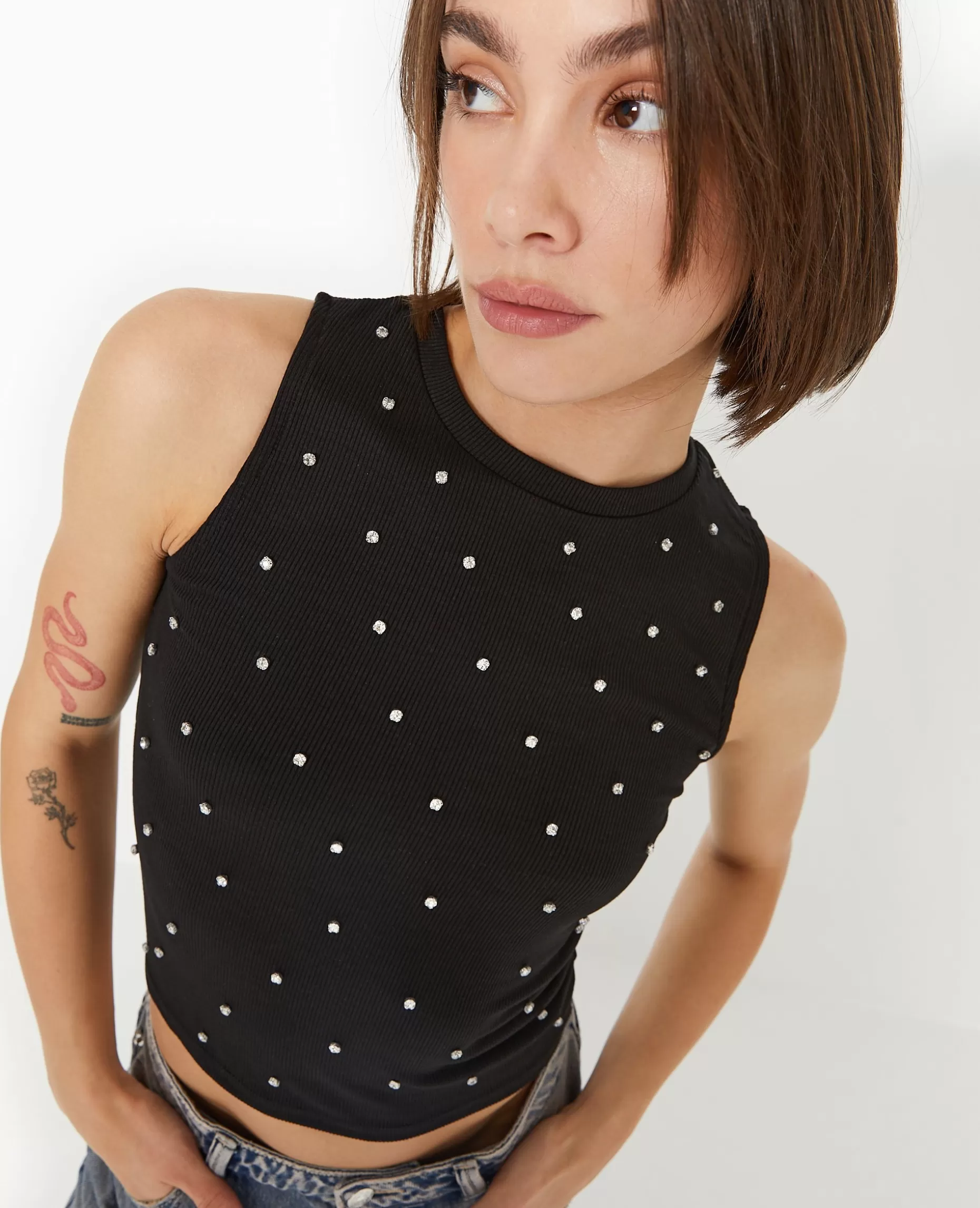 Outlet Pimkie Top Sans Manches Avec Strass En All Over - noir