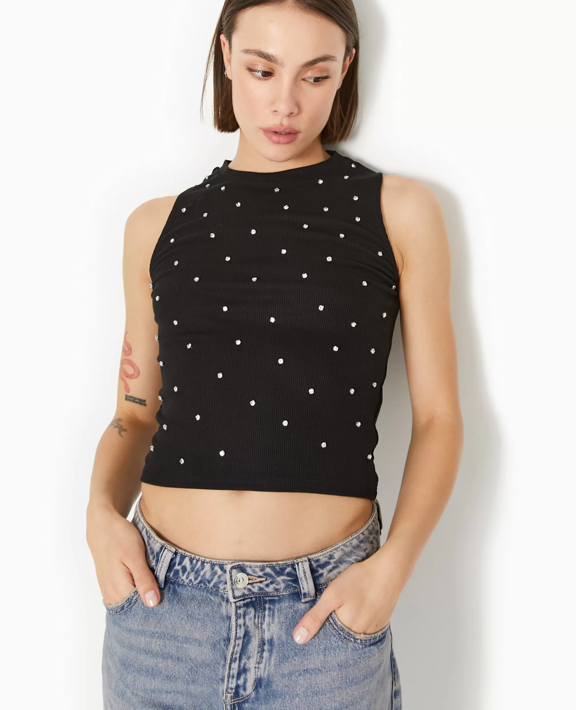 Outlet Pimkie Top Sans Manches Avec Strass En All Over - noir