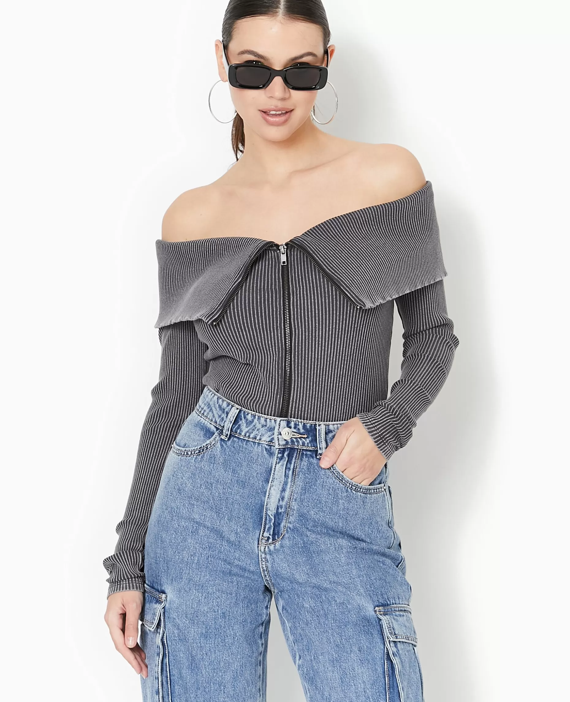 Online Pimkie Top Zippé Encolure Bardot - gris