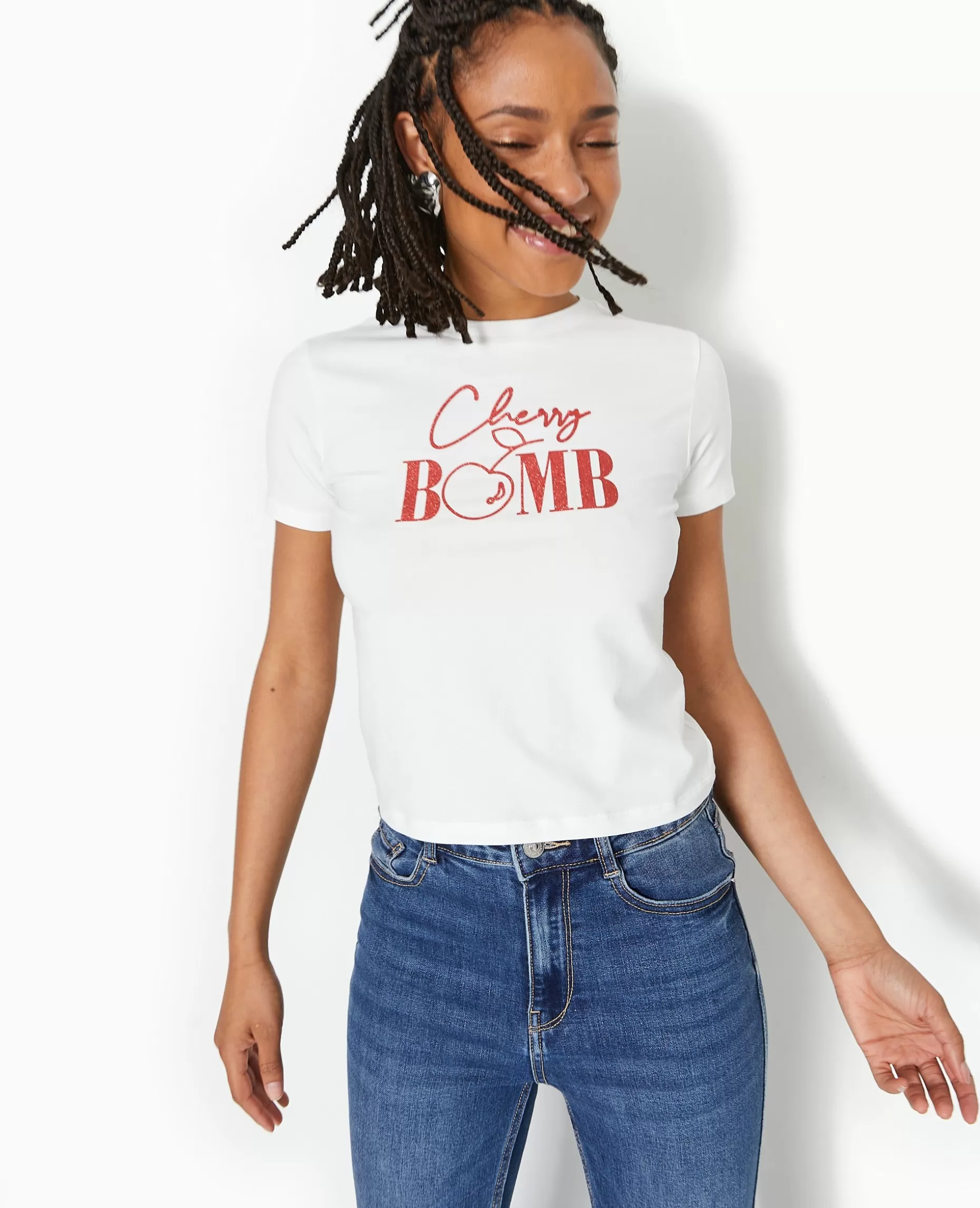 Hot Pimkie T-shirt Ajusté Avec Print Paillettes Devant - blanc