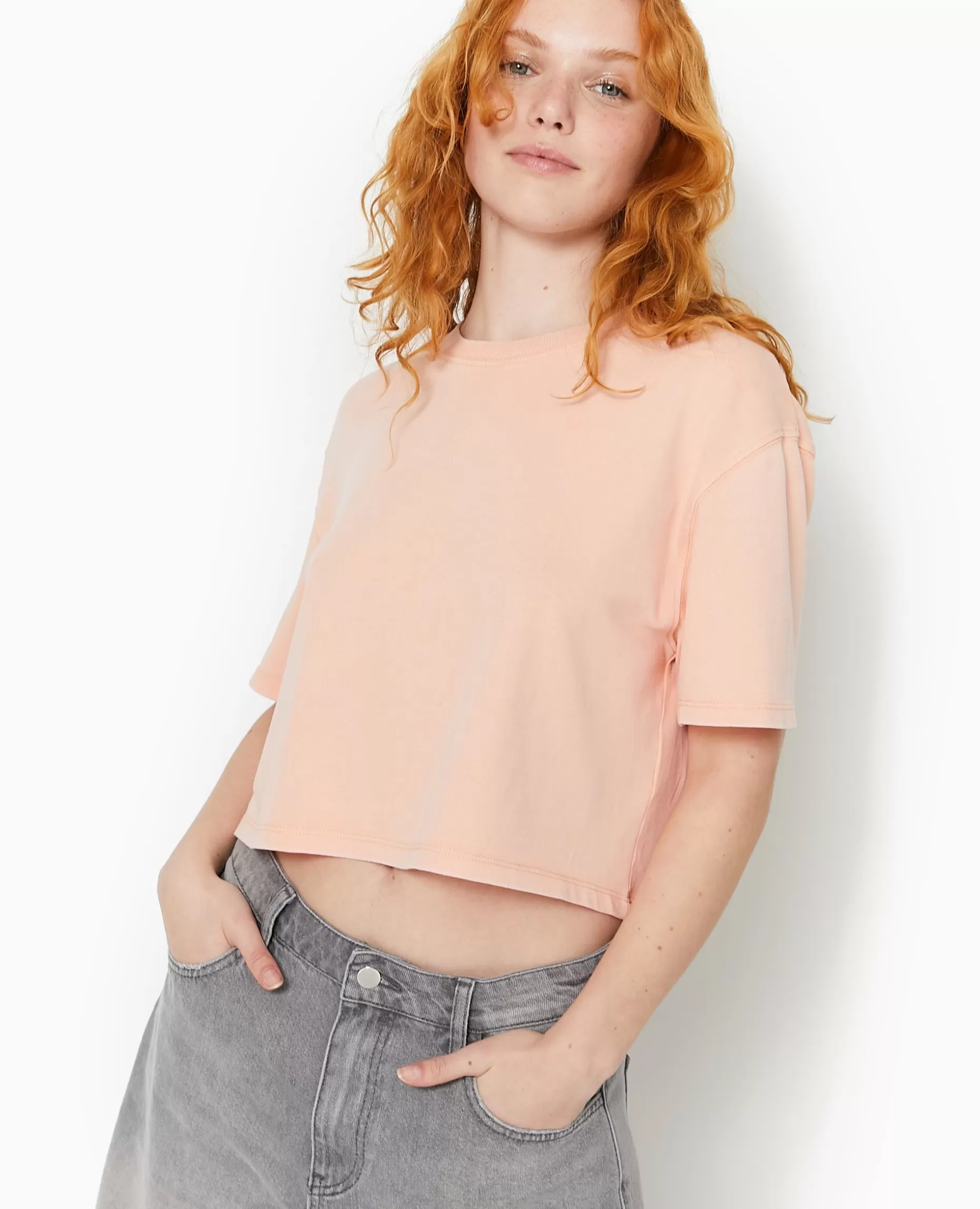 Fashion Pimkie T-shirt Court En Coton épais Effet Délavé - corail