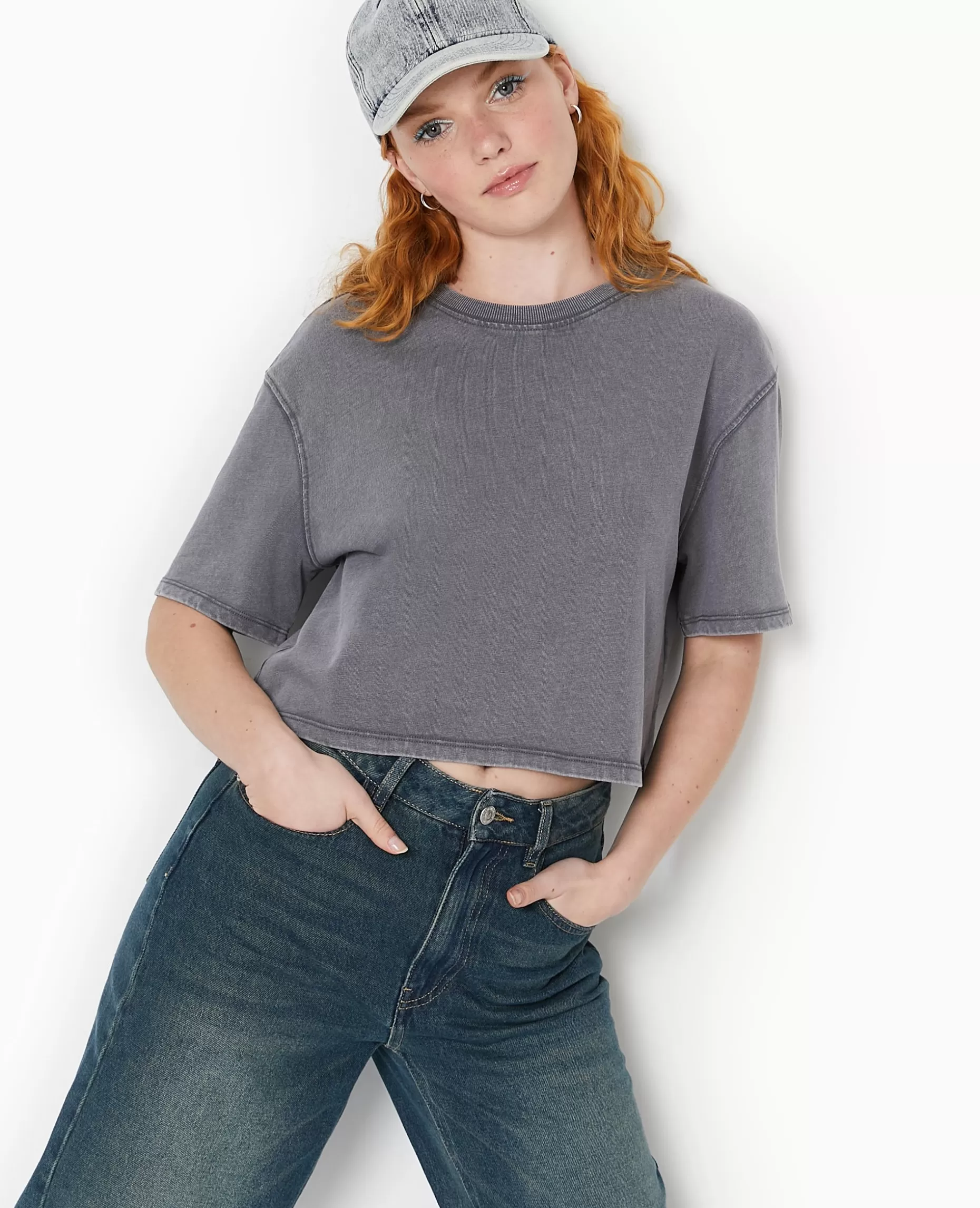 Flash Sale Pimkie T-shirt Court En Coton épais Effet Délavé - gris foncé