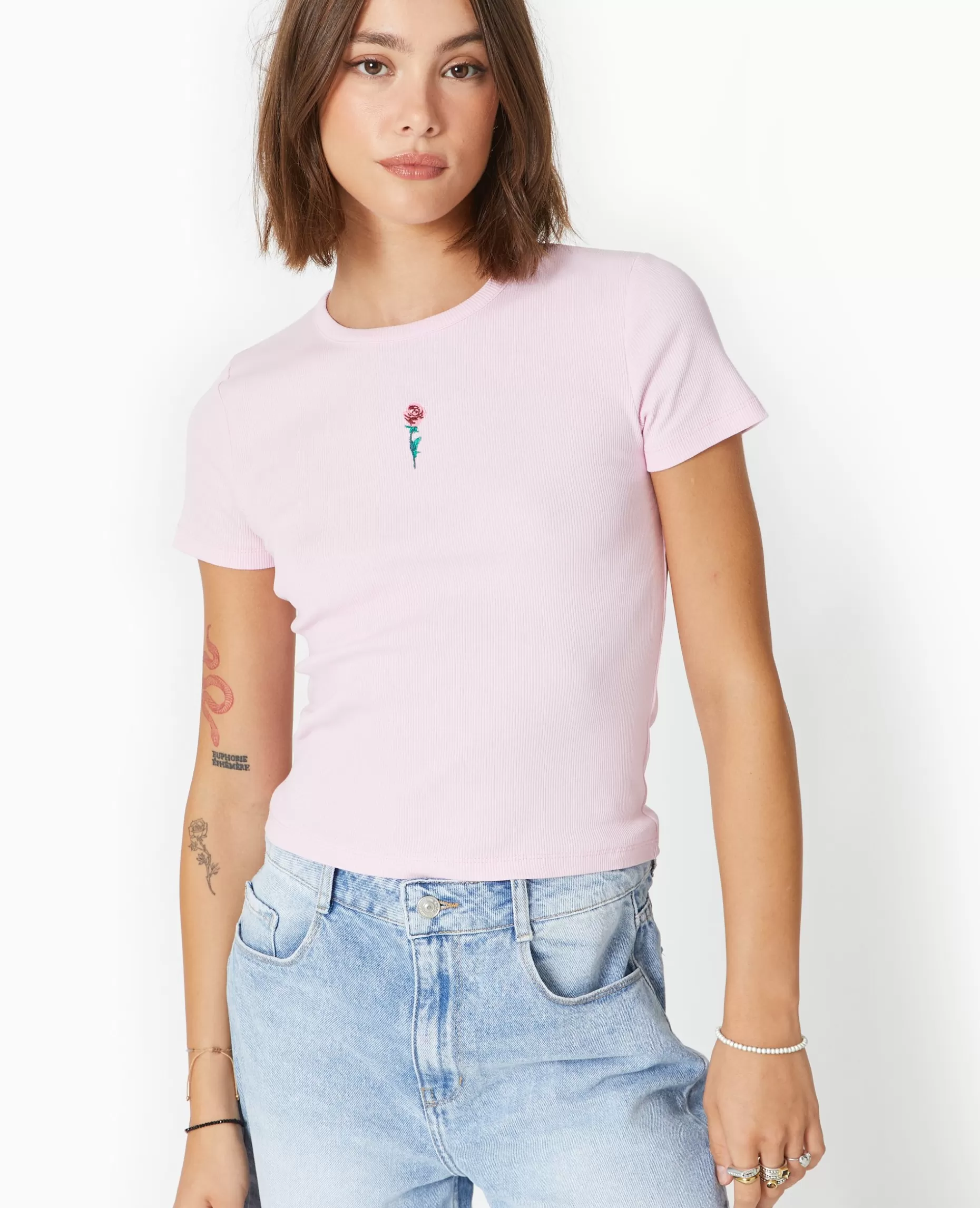 Cheap Pimkie T-shirt En Maille Côtelée Avec Broderie - Rose poudré